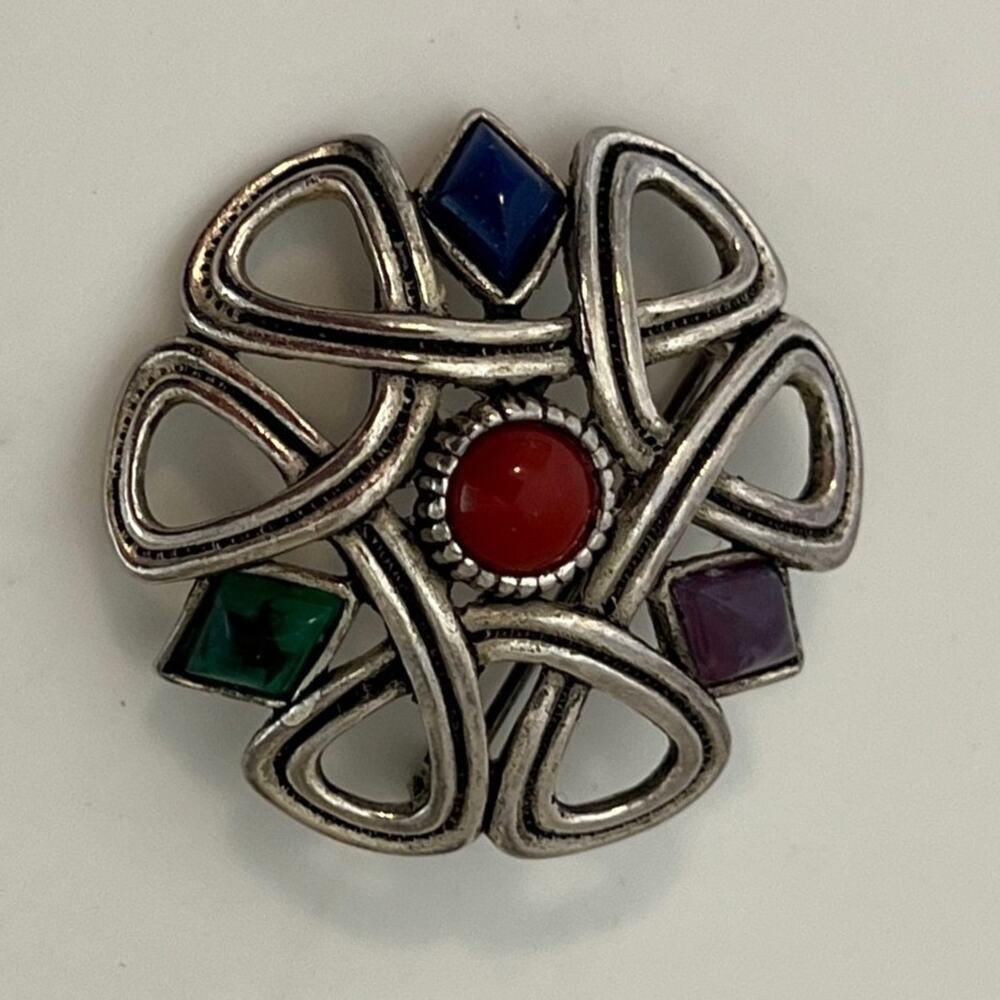 Sol D'Or Irish Celtic Knot Brooch Vintage Multicolor Cabochon Pin